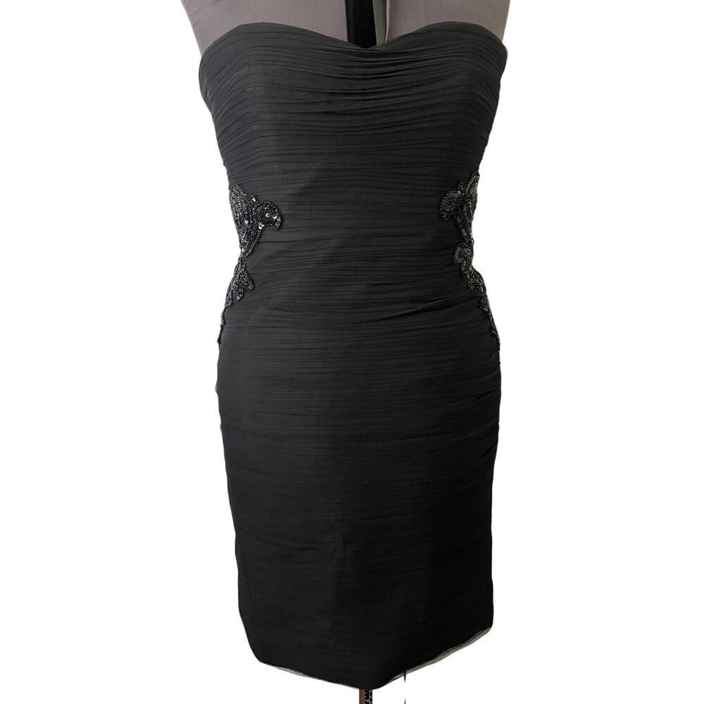 Monique Lhullier Black Sweetheart Strapless Ruched Mesh Bead Waist Dress • Sz 12